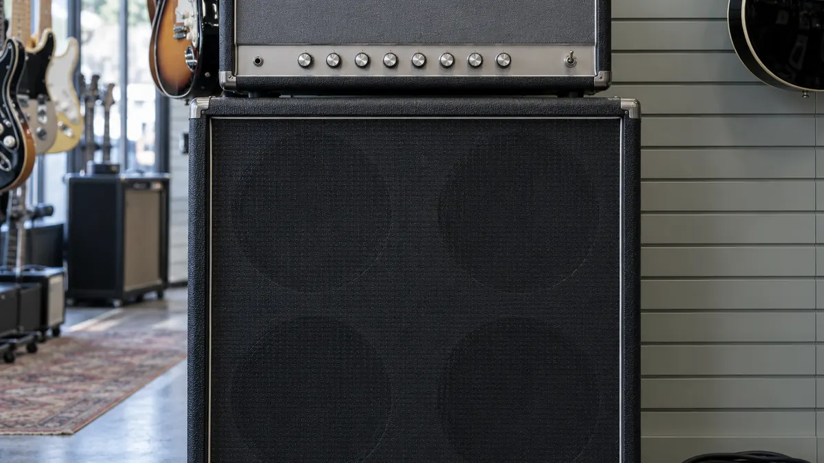 Tête d'ampli Hiwatt à façade grise posée sur un baffle 4x12 noir, câble jack enroulé à côté