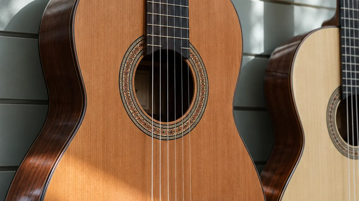 Table en cèdre d'une guitare classique vue de près, rosace en mosaïque et chevalet en bois sombre, cordes nylon