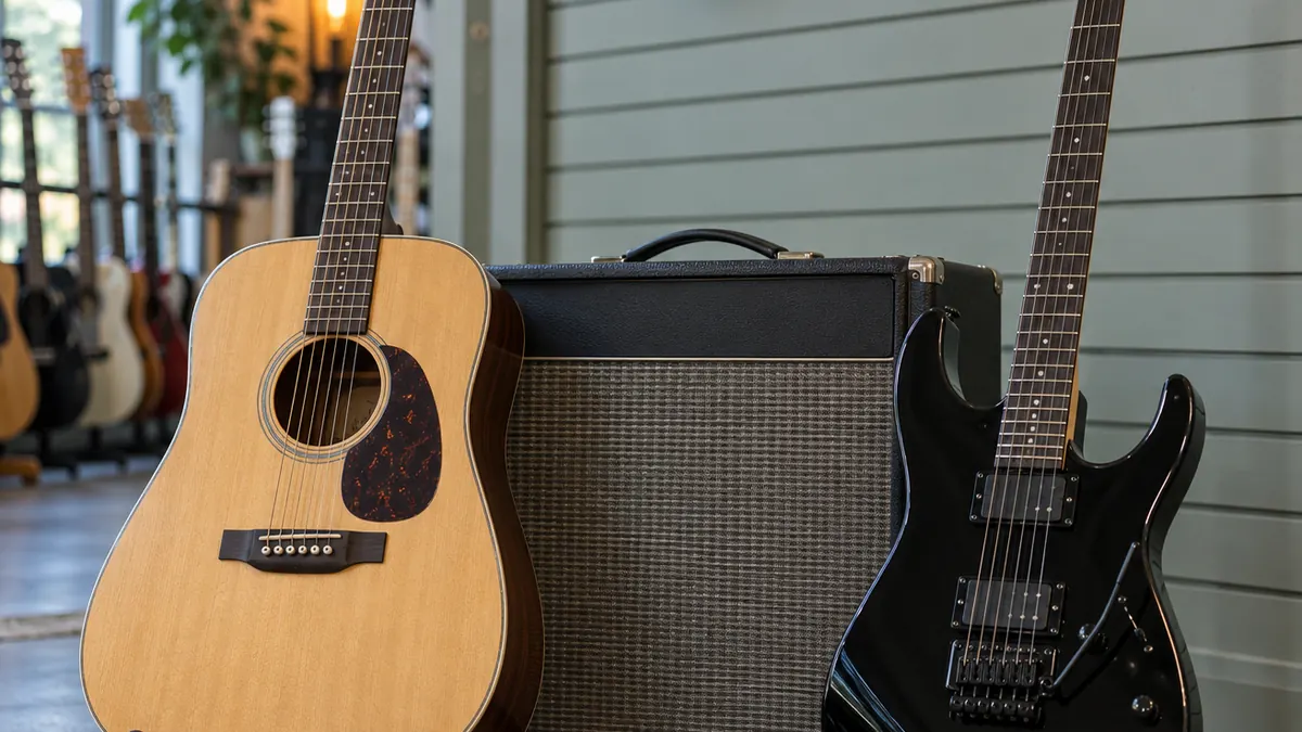 Une folk Eko dreadnought naturelle et une guitare électrique Eko de format super-strat appuyées contre un ampli, lumière de fin d'après-midi