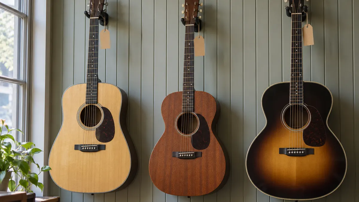 Guitares folk Sigma alignées sur un mur clair, une dreadnought naturelle, une 000 en acajou et une grand jumbo sunburst